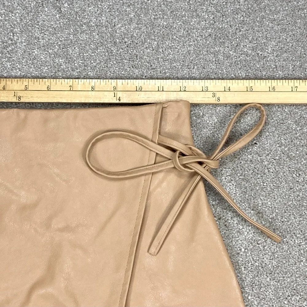 Zara Faux Leather Wrap Skort Womens XS Beige Side Tie Fleece Lined Mini Skirt